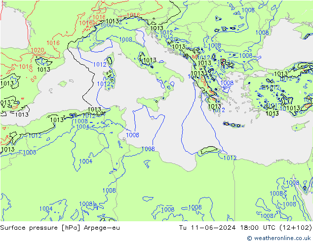 Surface pressure Arpege-eu Tu 11.06.2024 18 UTC