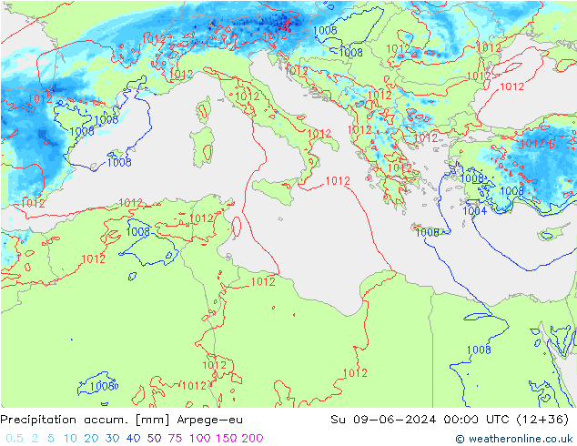 Precipitation accum. Arpege-eu Вс 09.06.2024 00 UTC