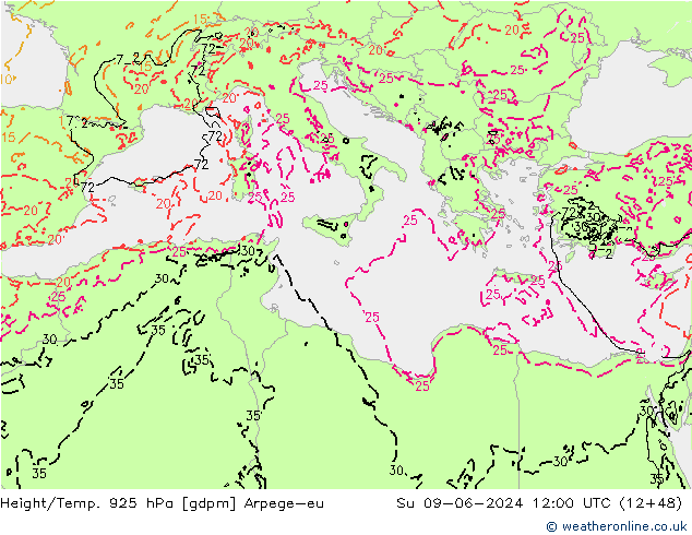 Height/Temp. 925 hPa Arpege-eu Ne 09.06.2024 12 UTC