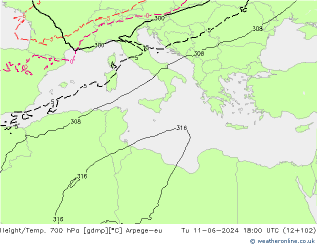 Height/Temp. 700 hPa Arpege-eu  11.06.2024 18 UTC