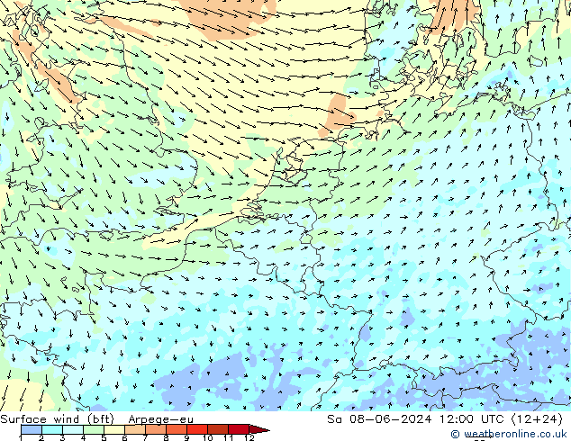 Rüzgar 10 m (bft) Arpege-eu Cts 08.06.2024 12 UTC