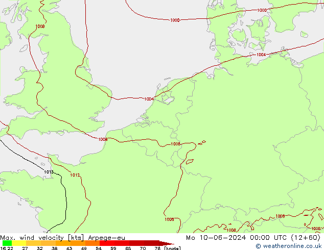 Max. wind velocity Arpege-eu пн 10.06.2024 00 UTC