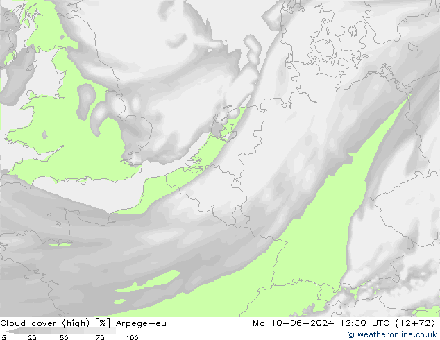 Cloud cover (high) Arpege-eu Mo 10.06.2024 12 UTC