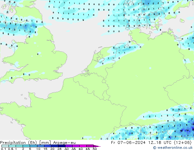 Totale neerslag (6h) Arpege-eu vr 07.06.2024 18 UTC