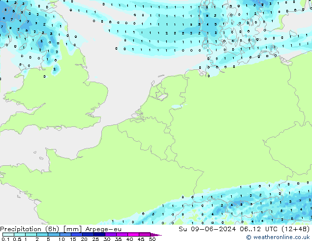 Totale neerslag (6h) Arpege-eu zo 09.06.2024 12 UTC