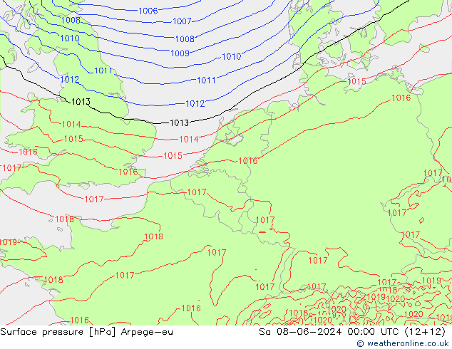 Pressione al suolo Arpege-eu sab 08.06.2024 00 UTC