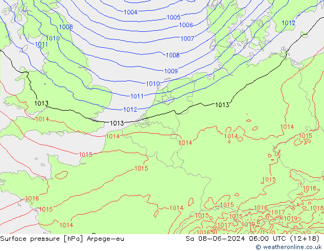 Atmosférický tlak Arpege-eu So 08.06.2024 06 UTC