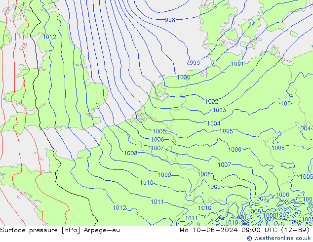 Surface pressure Arpege-eu Mo 10.06.2024 09 UTC