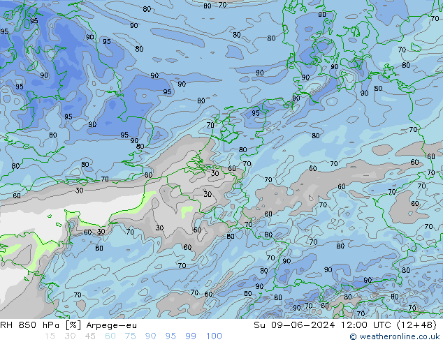 RH 850 hPa Arpege-eu So 09.06.2024 12 UTC