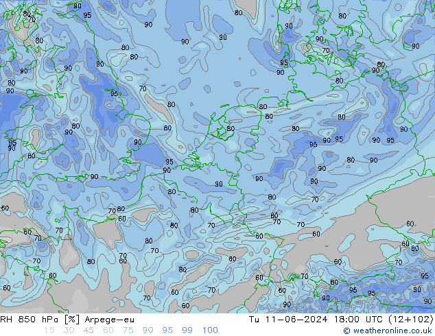 RH 850 hPa Arpege-eu Di 11.06.2024 18 UTC