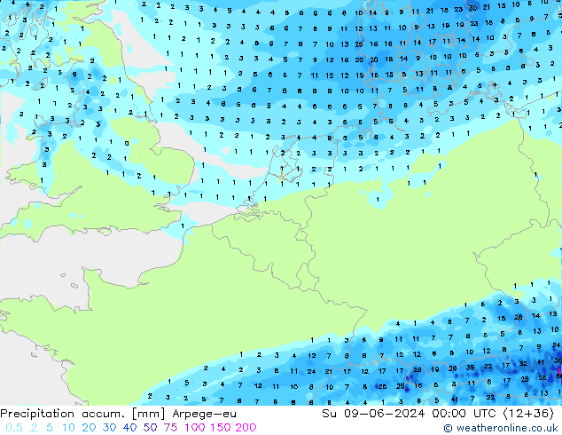 Precipitation accum. Arpege-eu nie. 09.06.2024 00 UTC