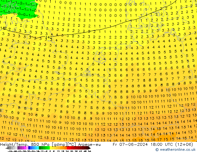 Height/Temp. 850 hPa Arpege-eu Fr 07.06.2024 18 UTC