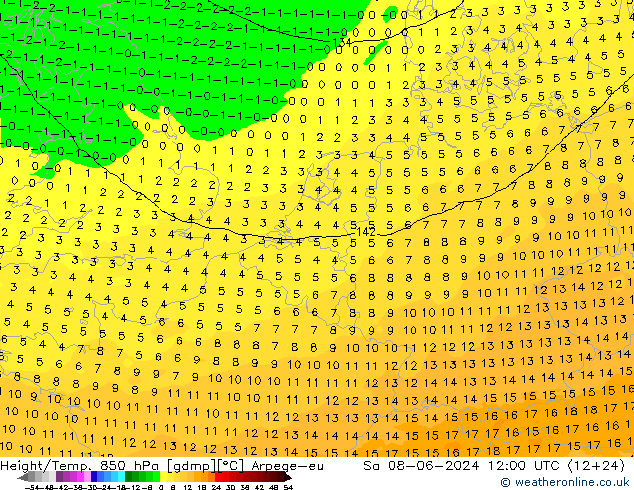 Height/Temp. 850 hPa Arpege-eu Sa 08.06.2024 12 UTC