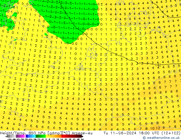 Height/Temp. 850 hPa Arpege-eu Tu 11.06.2024 18 UTC