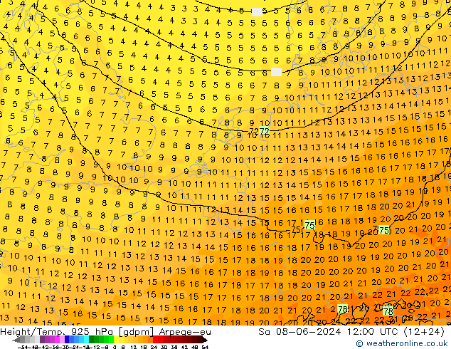 Height/Temp. 925 hPa Arpege-eu Sa 08.06.2024 12 UTC