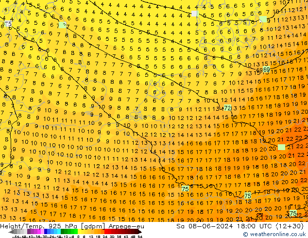 Height/Temp. 925 hPa Arpege-eu Sa 08.06.2024 18 UTC