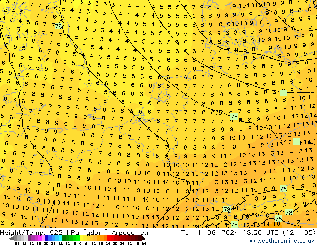 Height/Temp. 925 hPa Arpege-eu Tu 11.06.2024 18 UTC