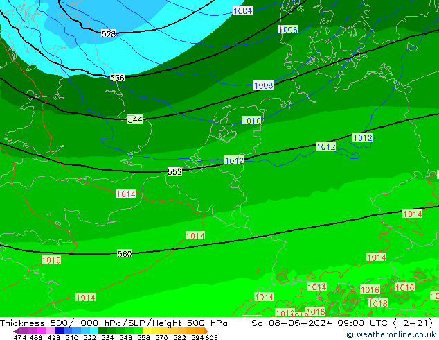 Schichtdicke 500-1000 hPa Arpege-eu Sa 08.06.2024 09 UTC