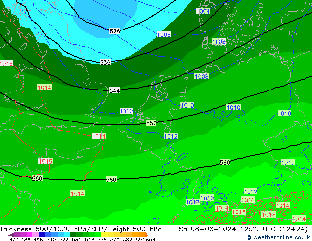 Schichtdicke 500-1000 hPa Arpege-eu Sa 08.06.2024 12 UTC