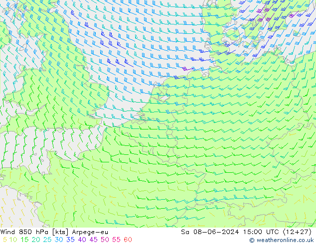 wiatr 850 hPa Arpege-eu so. 08.06.2024 15 UTC