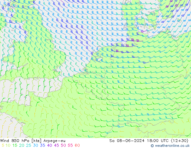 Wind 850 hPa Arpege-eu Sa 08.06.2024 18 UTC