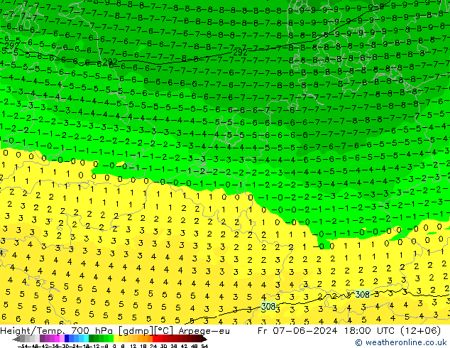 Height/Temp. 700 hPa Arpege-eu  07.06.2024 18 UTC