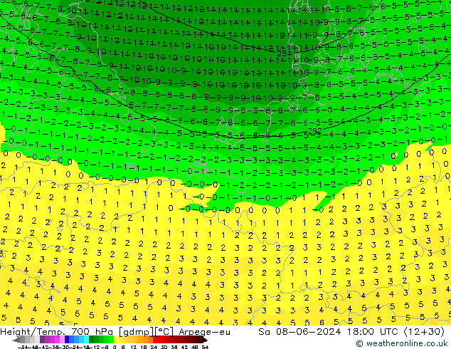 Height/Temp. 700 гПа Arpege-eu сб 08.06.2024 18 UTC