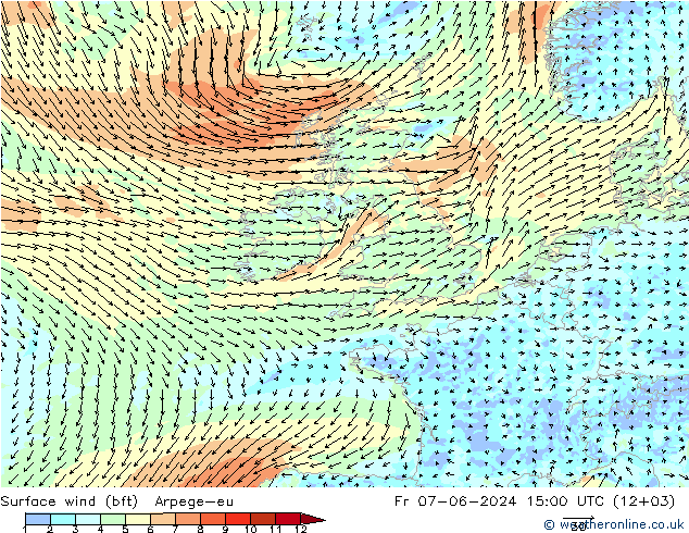 Vento 10 m (bft) Arpege-eu ven 07.06.2024 15 UTC