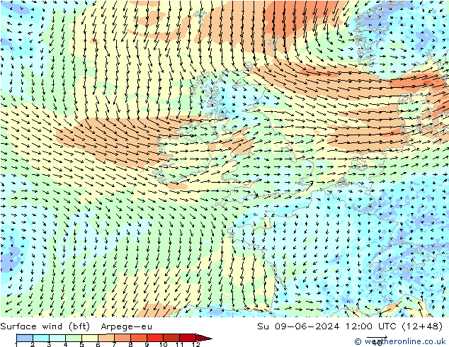 Bodenwind (bft) Arpege-eu So 09.06.2024 12 UTC