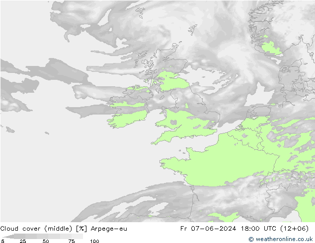 Cloud cover (middle) Arpege-eu Fr 07.06.2024 18 UTC