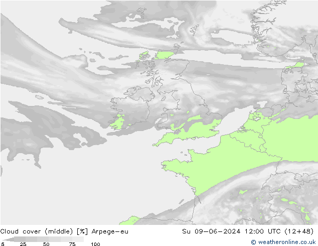 Cloud cover (middle) Arpege-eu Su 09.06.2024 12 UTC