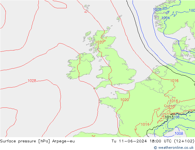 Surface pressure Arpege-eu Tu 11.06.2024 18 UTC