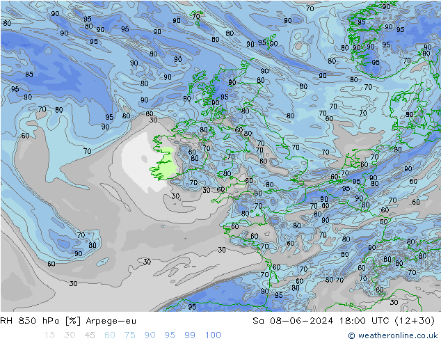 RH 850 hPa Arpege-eu Sa 08.06.2024 18 UTC