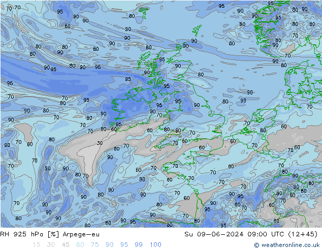 Humidité rel. 925 hPa Arpege-eu dim 09.06.2024 09 UTC