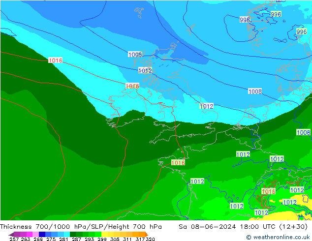 Thck 700-1000 hPa Arpege-eu Sáb 08.06.2024 18 UTC