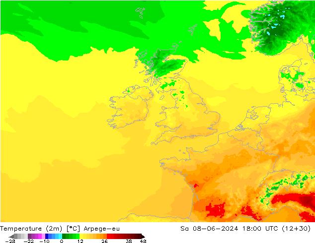 Temperature (2m) Arpege-eu So 08.06.2024 18 UTC