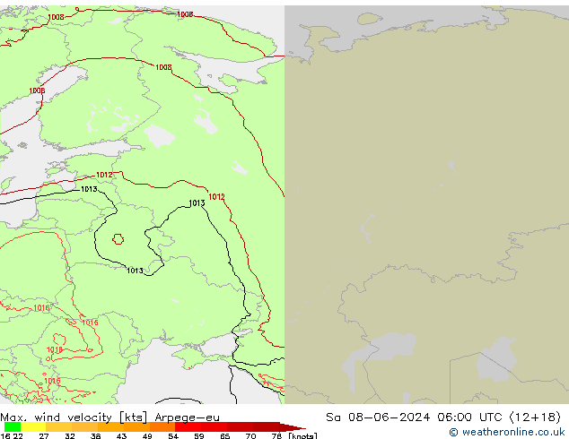 Max. wind velocity Arpege-eu Sa 08.06.2024 06 UTC