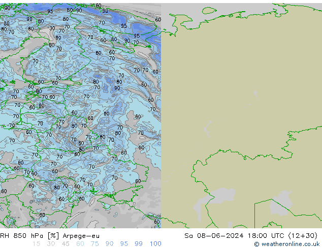 RH 850 hPa Arpege-eu So 08.06.2024 18 UTC