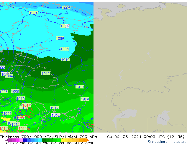 Thck 700-1000 hPa Arpege-eu  09.06.2024 00 UTC