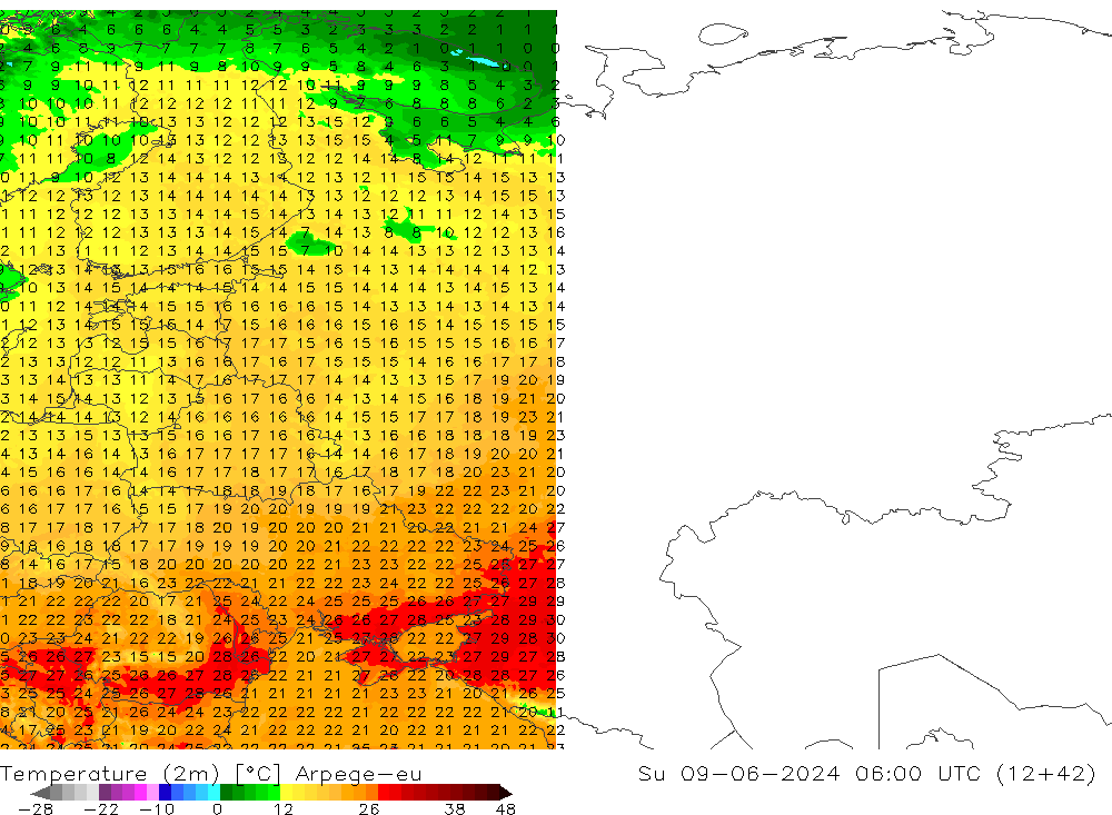 Sıcaklık Haritası (2m) Arpege-eu Paz 09.06.2024 06 UTC