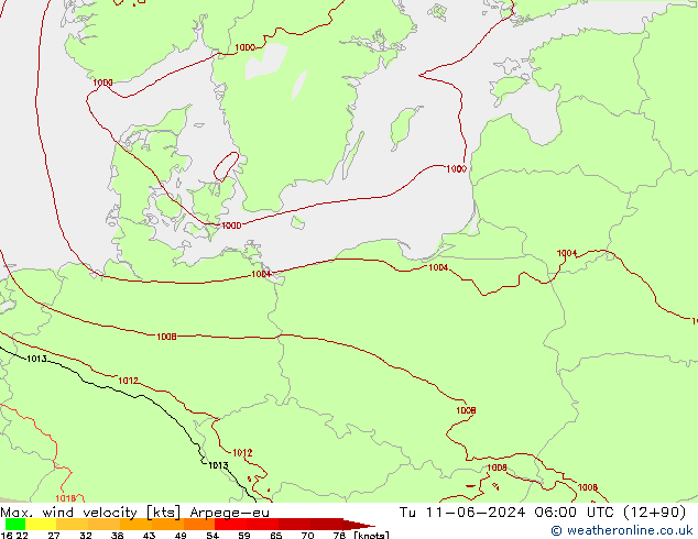 Max. wind velocity Arpege-eu mar 11.06.2024 06 UTC