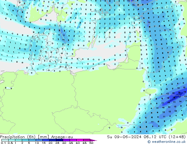 Precipitation (6h) Arpege-eu Ne 09.06.2024 12 UTC