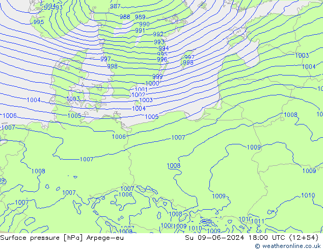 Atmosférický tlak Arpege-eu Ne 09.06.2024 18 UTC