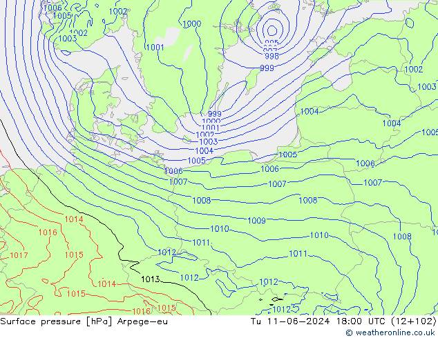 Surface pressure Arpege-eu Tu 11.06.2024 18 UTC