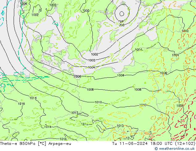 Theta-e 850hPa Arpege-eu wto. 11.06.2024 18 UTC