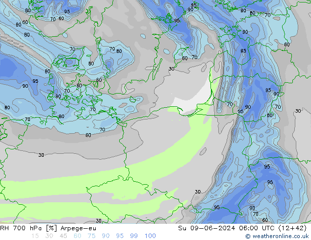 Humidité rel. 700 hPa Arpege-eu dim 09.06.2024 06 UTC