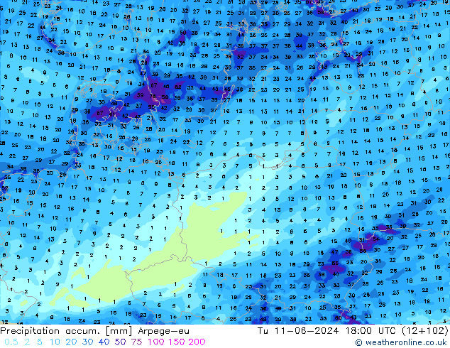 Totale neerslag Arpege-eu di 11.06.2024 18 UTC