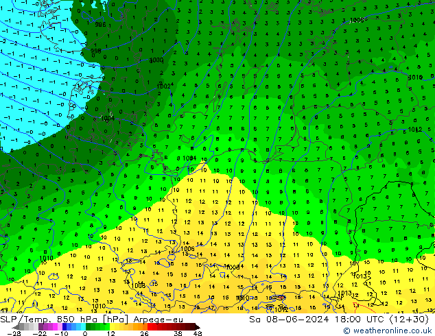 SLP/Temp. 850 hPa Arpege-eu So 08.06.2024 18 UTC