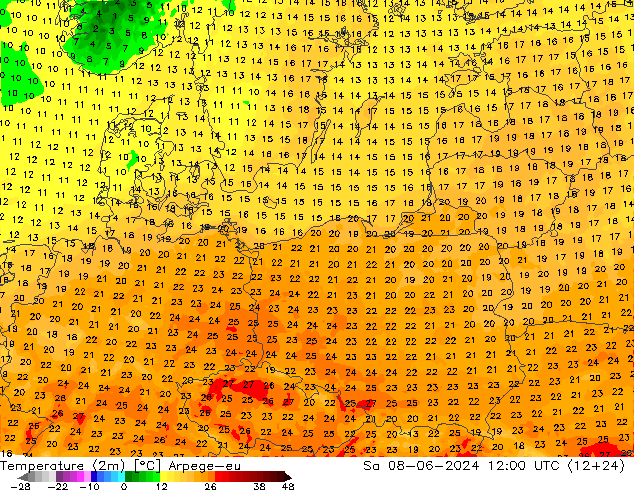 Temperatura (2m) Arpege-eu Sáb 08.06.2024 12 UTC