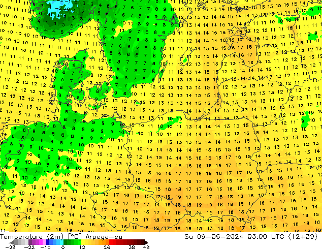 Sıcaklık Haritası (2m) Arpege-eu Paz 09.06.2024 03 UTC